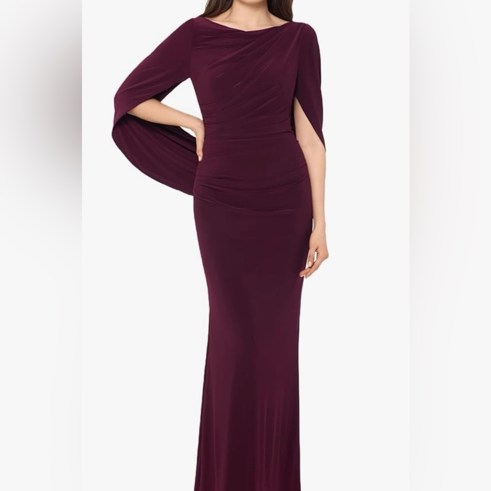 Betsy & Adam Long Drape Cowl Neck Gown